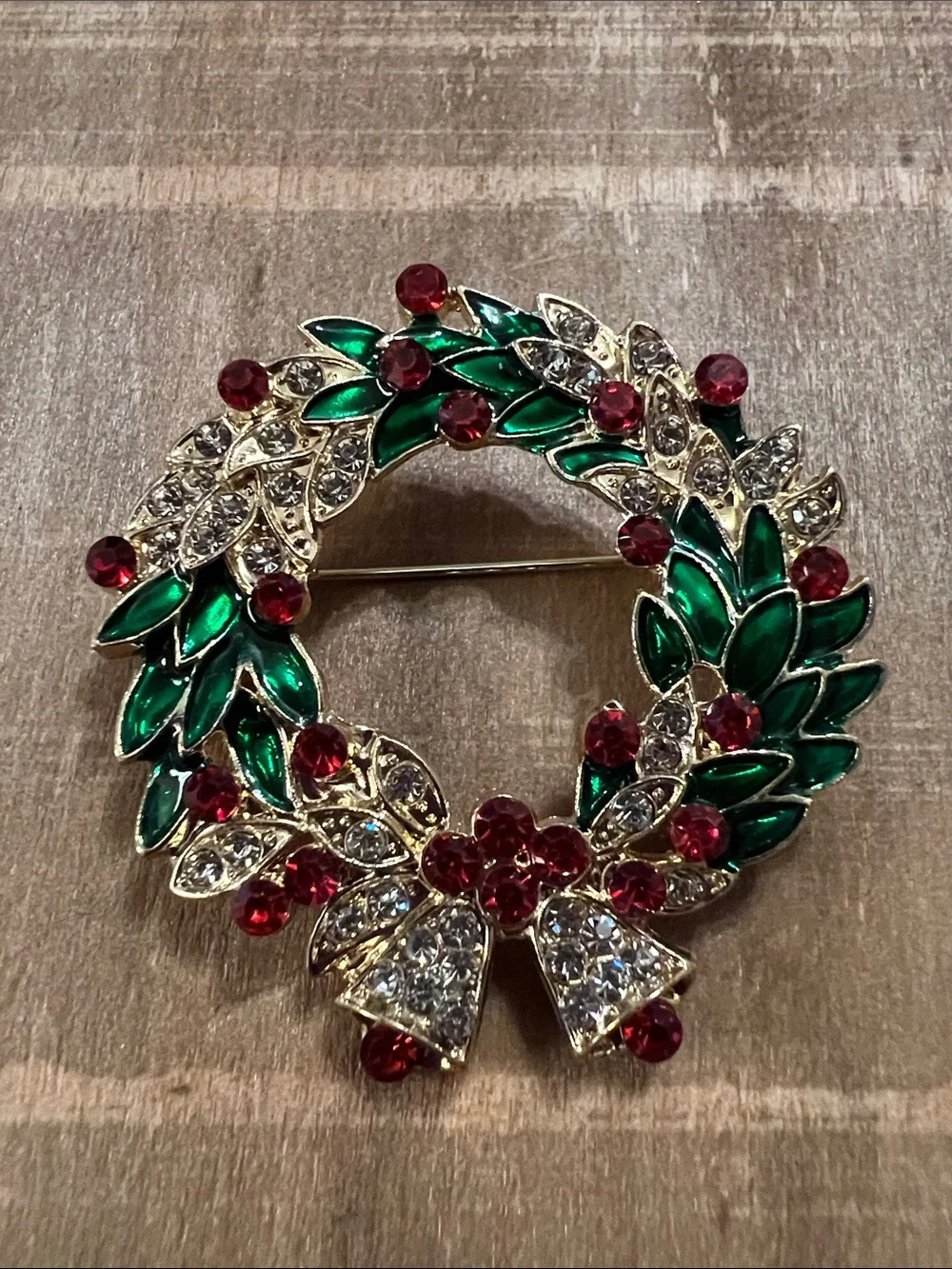 3/$18 Festive Green and Red Wreath Brooch - Holiday Crystal Pin Lot 6069